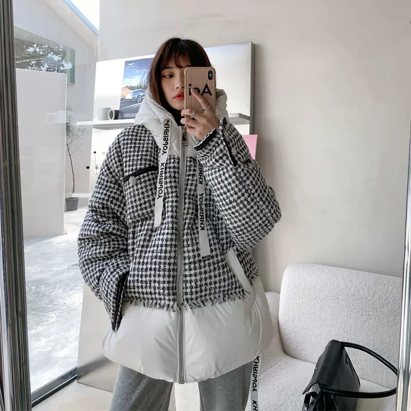 21欧货小香风潮牌女冬羽绒服白色连帽千鸟格 21欧货小香风潮牌女冬羽绒服白色连帽千鸟格