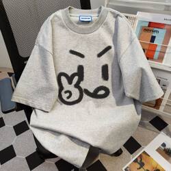 Heavy Weight Cotton Fun Expression Printed Short-Sleeved T-Shirt for Couples ins Summer Casual and Stylish Loose Trendy Top