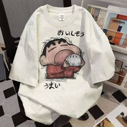 Heavyweight Pure Cotton Japanese Retro Crayon Shin-Chan Print Short-Sleeve T-Shirt for Men, Summer ins Trendy Brand Loose and Versatile Top
