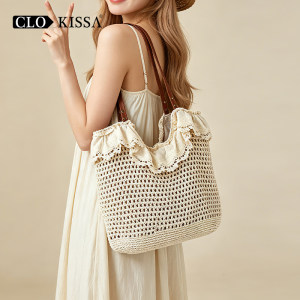 
Casual Bag Shop Summer Bohemian Small Fresh Hollow Cotton Straw Woven Beach Bag Forest Fairy Bag Shoulder Bag