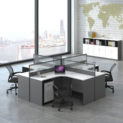 White Staff Office Desk for 4 People, 6-Cross-Shaped Partitioned Cubicles, Stylish Employee Workstation Combination