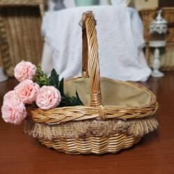 Handmade Willow Basket with Fabric Lining and Lace Trim, High-Quality Country-Style Hand-Held Flower Basket