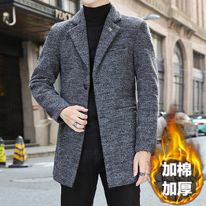 Tide brand autumn and winter trend fashion mid -style windbreaker men's plus velvet and thick hair coat slim thin suit jacket
