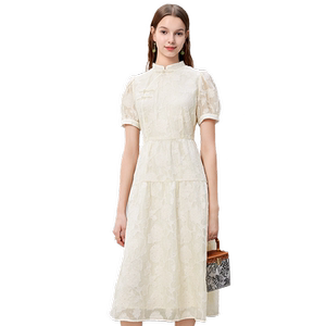 
betu New Chinese Style Disc Button Dress 2025 Summer New Style Puff Sleeve Midi Dress