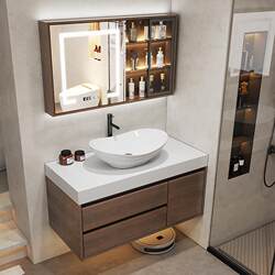 Bathroom Slate Countertop Basin and Cabinet Set, New Chinese Style Solid Wood Storage Washbasin, Floor-Standing Washstand