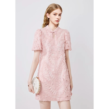 Julefei large size fat mm high-end pink skirt 2025 summer new women's tray flower waist-hugging new Chinese dress