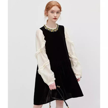 
Julefei large size socialite style contrasting color spliced ​​velvet dress for women new beads long-sleeved skirt small black skirt