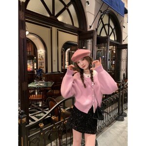 
aaaaxbbb Iris two-color wool knitted cardigan women's gentle short sweater inner top