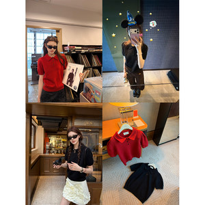 
aaaaxbbb Yu Xuesongshan black and red wool short-sleeved tops for women, fashionable and versatile knitted sweater base