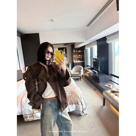 aaaaxbbb Musk Gin Retro Lapel Short Windbreaker Jacket Loose Versatile Long Sleeve Top Women's Autumn and Winter Style