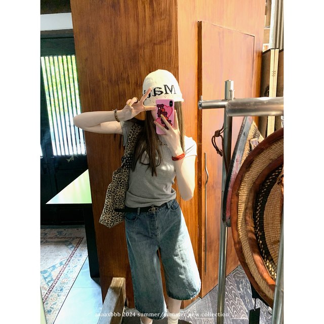 aaaaxbbb Vlaca Street Bench Washed Denim Mid-Pants American Retro Loose Slim Cropped Pants Women
