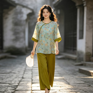 
2026 new summer style large size home wear for women, cotton silk pajamas, new Chinese style national style three-quarter sleeve trousers