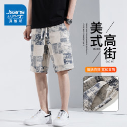 KZH Jeans West perm-dyed casual shorts men's summer thin loose straight mid-pants fashion brand sports five-point pants