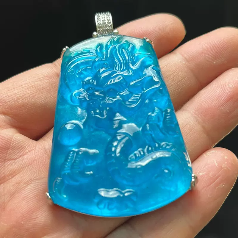 缅甸翡翠冰种老蓝水龙牌子天然平安无事牌镶嵌天空蓝