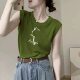 Green hot girl sleeveless vest for women in summer European goods shoulder top design niche thin ice silk knitted T-shirt
