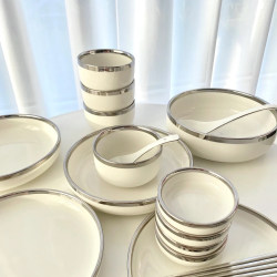 High-looking cream silver-rimmed plate and rice bowl set