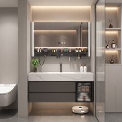 Light Luxury Stone Slab Heat-Bent Integrated Basin Bathroom Cabinet Set, Modern Minimalist Washbasin for Bathroom Vanity