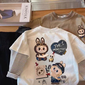 
Children's Korean version of pure cotton long-sleeved T-shirt Rabbu style fashionable fake two-piece printed bottoming shirt for boys spring and autumn tops