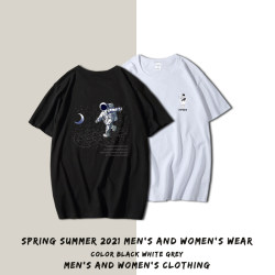 Astronaut T-Shirt, Pure Cotton, Loose Fit, Trendy Street Style, Japanese and Hong Kong Style, Hip-Hop Short Sleeve T-Shirt