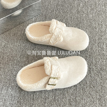 Lurudan furry Birkenstock shoes, winter cotton slippers, toe-toe mule shoes, slip-on women's shoes, plus velvet half slippers
