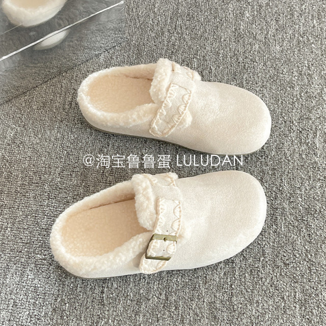 Lurudan furry Birkenstock shoes, winter cotton slippers, toe-toe mule shoes, slip-on women's shoes, plus velvet half slippers