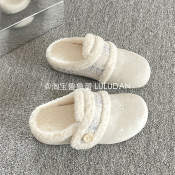 Lurudan furry thick-soled slippers for winter outer wear plus velvet Birkenstock shoes toe-toe half slippers 2025 new cotton slippers