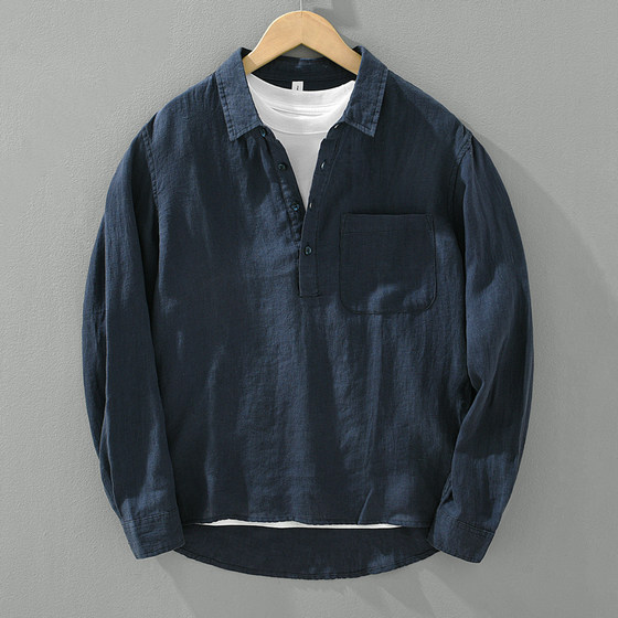 
Pure linen lapel long-sleeved T-shirt men's summer breathable pullover shirt collar casual top loose sun protection clothing thin section