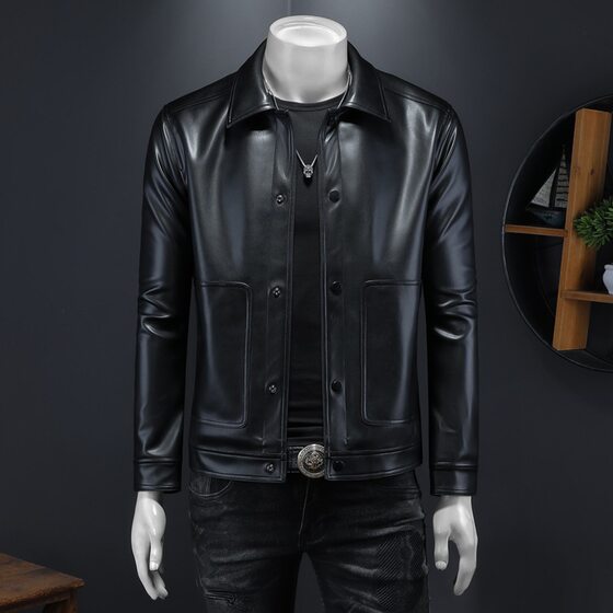 
This year's popular special offer European station 2025 spring new men's lapel PU leather jacket trendy fashion motorcycle slim fit