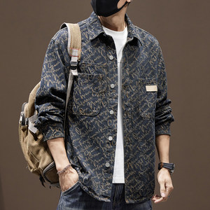 
Denim shirt for men 2025 spring and autumn new style jacquard retro washing lapel casual long sleeve large size shirt jacket