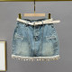 Retro old denim skirt women's short skirt 2025 summer new high-waisted slim tassel A-line hip skirt