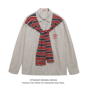 
HTTAOSUP American retro trendy brand vertical striped design shawl collar long-sleeved shirt men's autumn loose top