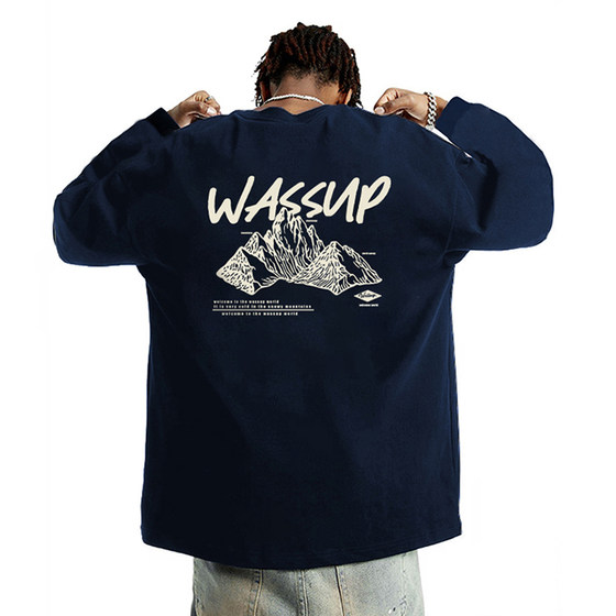 WASSUP mountain range American heavyweight cotton long-sleeved T-shirts for men and women, autumn loose and versatile round neck tops