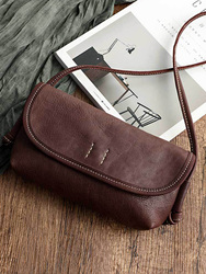 Genuine Leather Women's Bag 2023 Horizontal Style Soft Leather Vegetable Tanned Leather Small Bag Tree Paste Leather Retro Literary Style Shoulder Bag Crossbody Bag