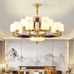 All-Copper New Chinese-Style Jade Living Room Chandelier, Chinese-Style Ebony Wood Solid Wood Villa Main Light, Dining Room Lighting Fixtures Collection
