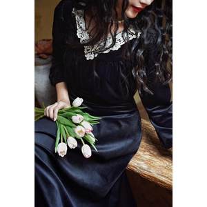 
Chings Retro Edwardian Downton Abbey Velvet Skirt High-waisted Slim Clippery Sleeve Long Sleeve Dress