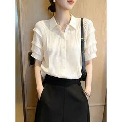 French White Polo Collar Shirt for Women, New Summer Style, Fashionable and Stylish Short-Sleeved Shirt, Elegant and Age-Reducing Top