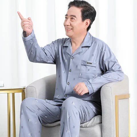 
Autumn dad pajamas men's long-sleeved suit grandpa pure cotton T-shirt men's clothes middle-aged and elderly cardigan home clothes summer
