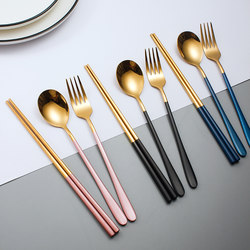 304 Stainless Steel Chopsticks, Spoon, and Fork Set Portable Cutlery ins Style for One Person Travel Three-Piece Set for Students