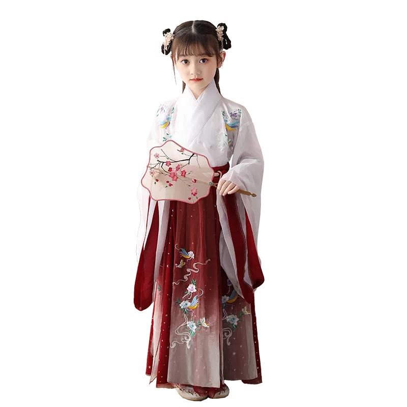 儿童广袖汉服女童春秋传统中国风古装襦裙学生舞台演出服套装唐装-Taobao