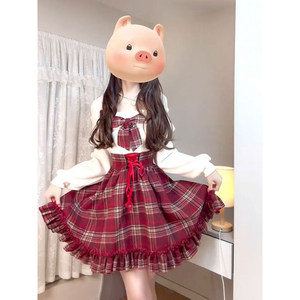 
Korean fashion sweet fake two-piece plaid dress autumn and winter new year atmosphere fashionable bow beautiful a-line skirt