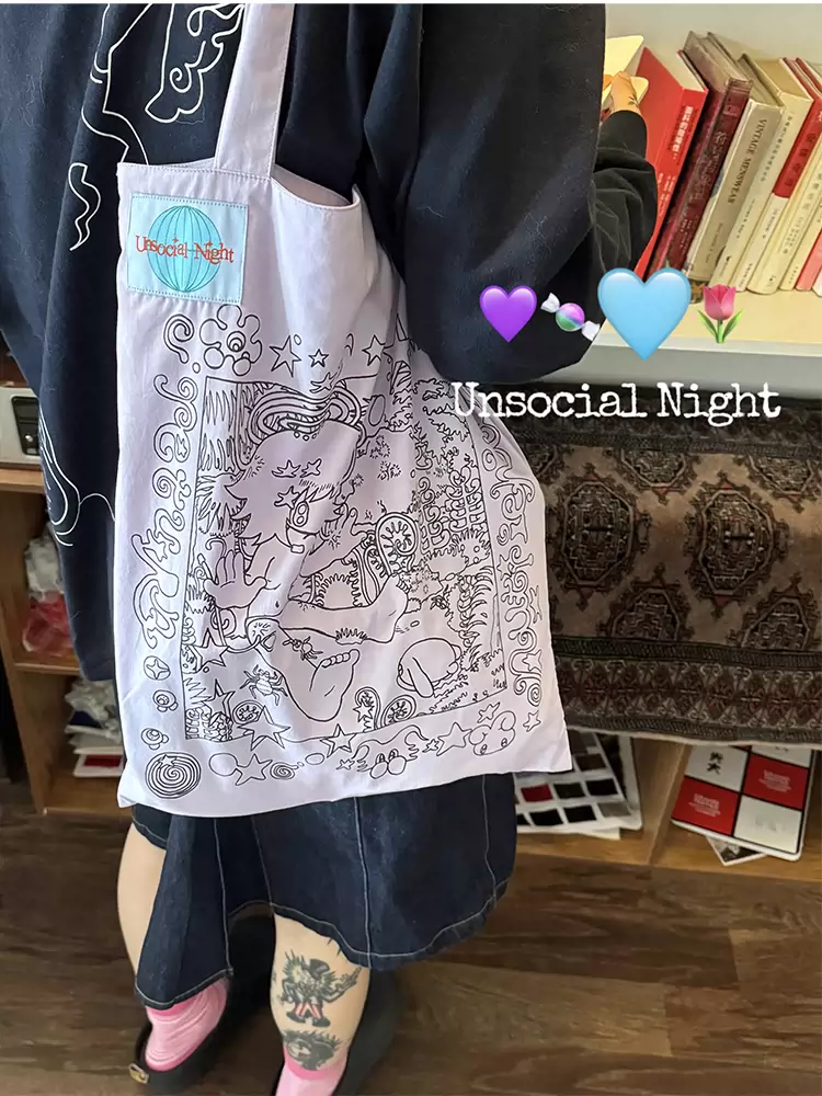 UnsocialNight奥莉蛙联名插画印花托特包便携可折叠大容量环保袋-Taobao