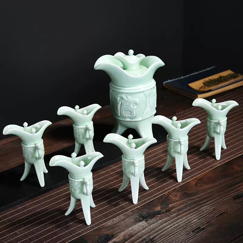 爵杯陶瓷酒具禮盒中式復古酒具白酒烈酒陶瓷杯溫酒器酒杯組手工青瓷酒具