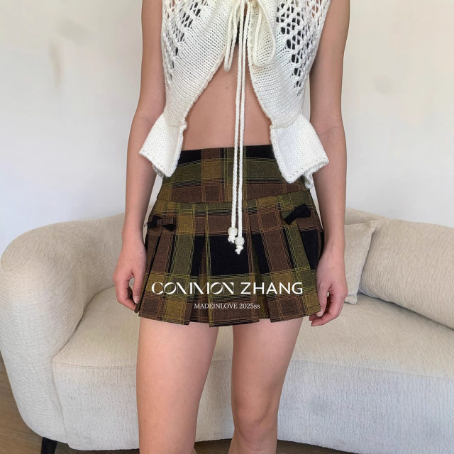 
CZ ZHANG spring retro old bow reduces age texture plaid stripes a line pleated skirt women B12391