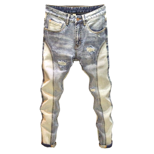 Trendy brand patchwork, ruffled and handsome jeans, men's personality, multiple pockets, slim fit, small leg pants, contrasting color patches, punctured elastic pants