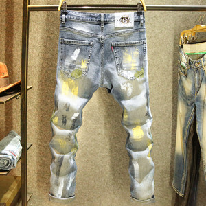 Designer style ink jeans men's trendy brand ripped slim-fitting pants high street handsome stretch pants autumn and winter style
