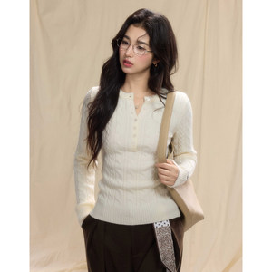 
Eryang Design [Warm Sheng] Half-open v-neck white twist sweater for commuting, soft and waxy slim fit bottoming shirt for women
