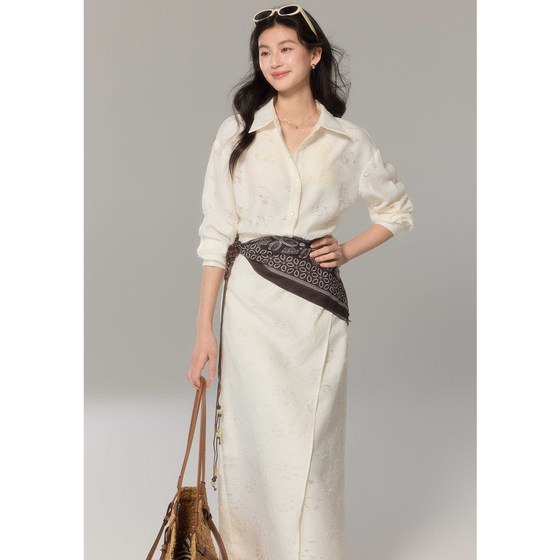 
Eryang Design [Nianying] Textured Commuting Classic White Shirt Dress for Women with Silk Scarf Design Long Skirt