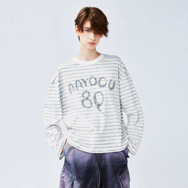 UOOYAA/Wuya 2025 Spring New Style of casual wear reverse-wearing sea soul striped T-shirt