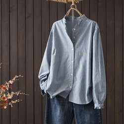 Artistic Style Ruffled Striped Long-Sleeve Shirt for Women, Spring 2026 New Versatile Shirt, Women's Base Shirt Top