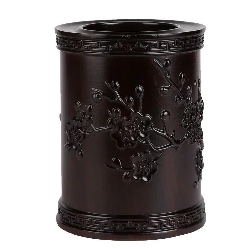 紅木浮雕刻筆筒工藝品擺飾木雕刻實木黑檀木質喜上眉梢辦公室筆筒-Taobao 